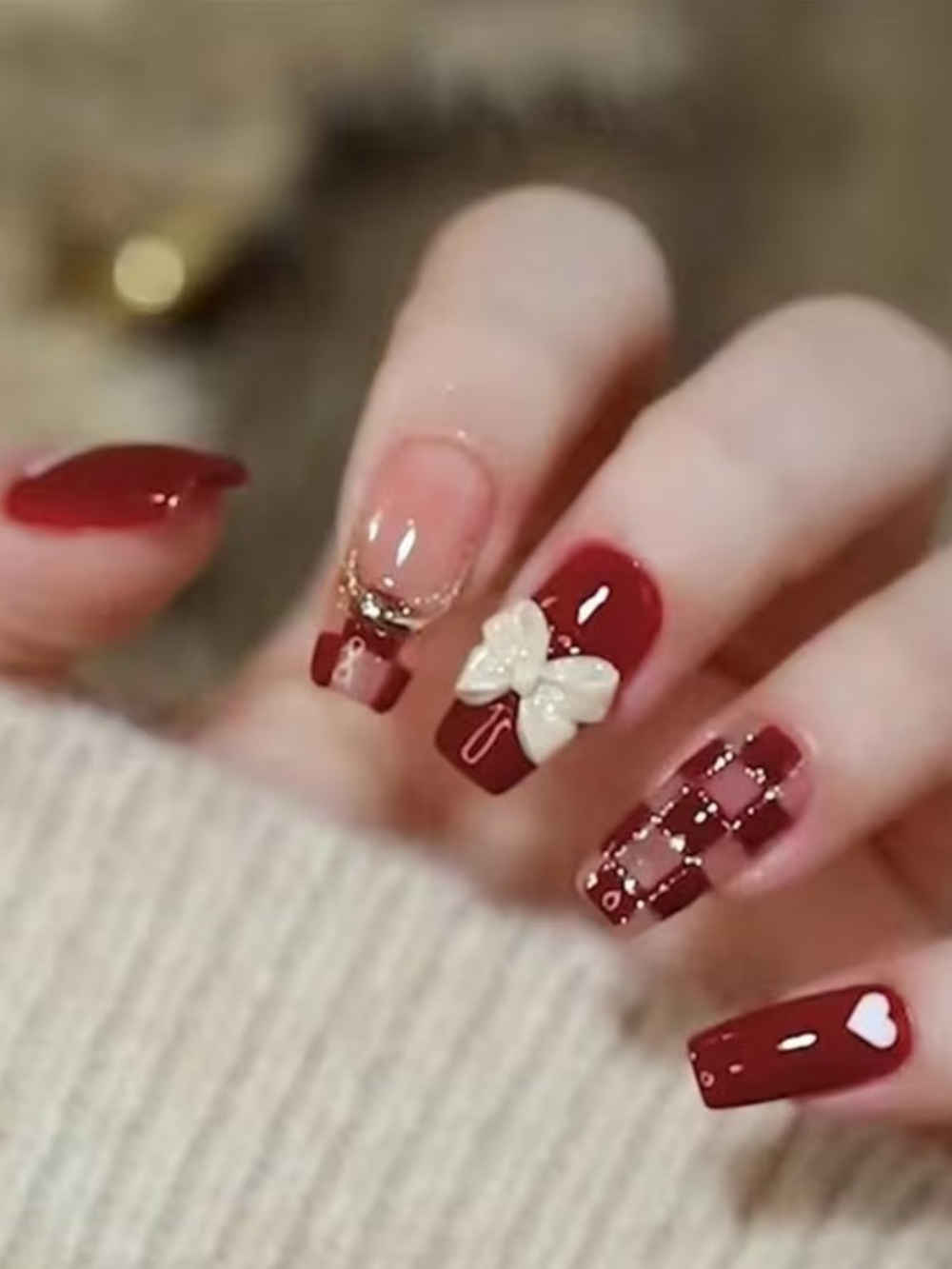 Deep Red Gel Press-On Nails with 3D Bow and Heart Accent